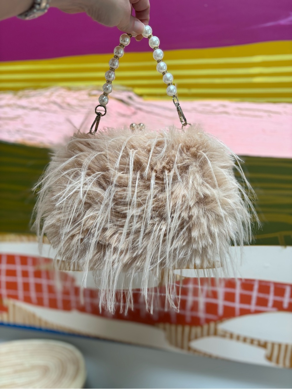 Faux Fur Clutch Bag Pearl Handle Beige Blush Evening Purse Wristlet